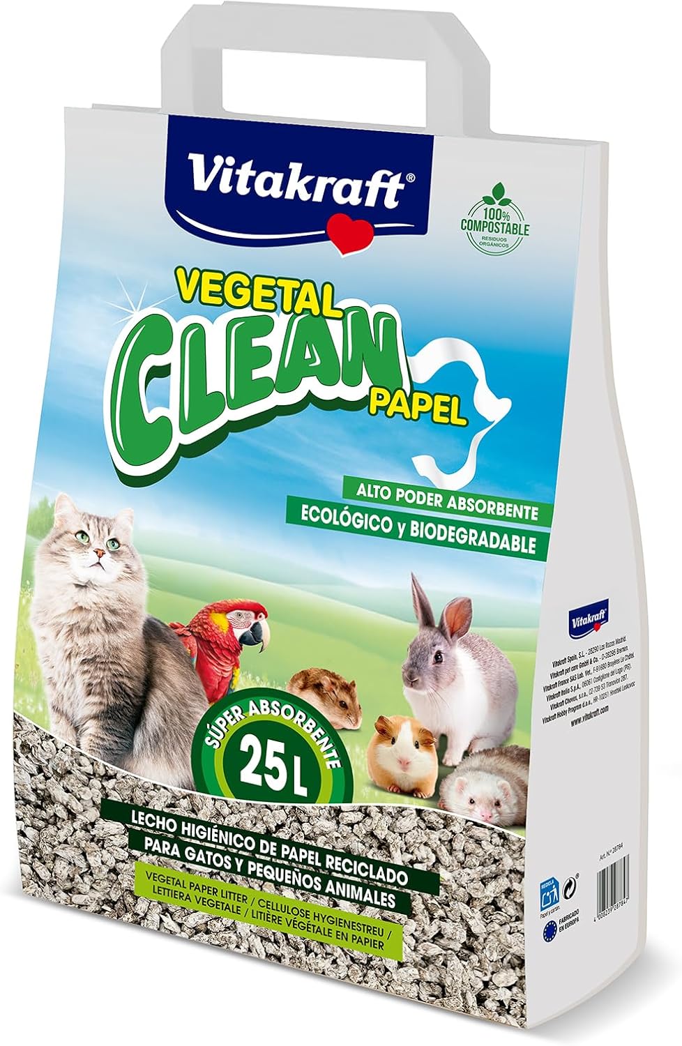 Vitakraft Vegetal Clean Papel, lecho Sanitario higiénico de Papel prensado para Animales pequeños, Conejos, cobayas, Gatos, Control de olores y Gran absorción, hipoalergénico, Biodegradable (1x 25L)