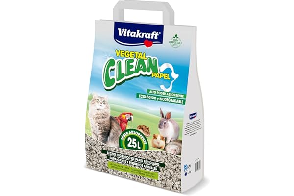 Vitakraft Vegetal Clean Papel, lecho sanitario higiénico de papel prensado para animales pequeños, conejos, cobayas, gatos, control de olores y gran absorción, hipoalergénico, biodegradable (1x 25L)