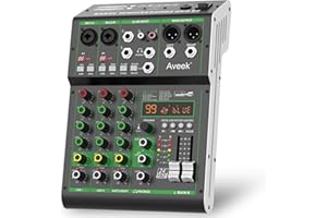 Aveek Audio Mixer,Professional Sound Board Mixing Console with USB Drive/Bluetooth/Computer/4 Channel Stereo Input DJ Mixer,48V Phantom Digital 99 DSP Effect for PC Recording Karaoke Studio Streaming
