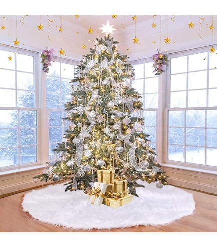 Jupe de sapin de Noël en fausse fourrure blanche et grise avec flocon