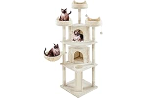 Yaheetech Árbol Rascador para 3-5 Gatos Gigante de Altura 175 cm Torre de Juegos con 2 Grandes Grutas 3 Plaraformas Beige