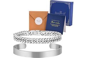 XUANPAI Mens Bracelets Silver Bracelets for Men - 2 Pcs Stainless Steel Cuban Link Chain Cuff Bangle Mens Jewellery Gifts for Dad Boyfriend Bro Husband Birthday Anniversary