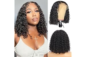 NICMISS Perruque Bresilienne Bouclée Cheveux Humain Deep Curly Bob Lace Wig Human Hair 13x4 Bob Lace Wig Perruque Femme Naturelle 150% Density Couleur Naturelle 14 pouces