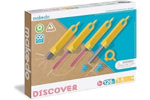 Makedo Discover, 125-częściowa kartonowa skrzynka narzędziowa dla 1-5 twórców, zabawki edukacyjne STEM i STEAM dla dzieci, do zabawy w domu + nauka w klasie, narzędzia wielokrotnego użytku dla