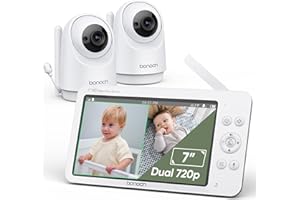 bonoch Elektroniczna niania 7 cali z 2 kamerami, 720p Video Babyphon Hone WLAN, akumulator 6000 mAh 23 h, noktowizor, obustronna funkcja audio, pilot PTZ, tryb VOX, czujnik temperatury, 8 kołysanek