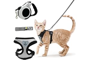 TenaLucy Arnes para Gatos Antiescape(Gris), Correa Gato con Correa 5M(Blanco), Arnés Cat Ajustable con Tela de Malla Suave y Transpirable para Caminar, Entrenar, Gato Pequeño y Mediano