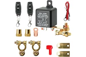 PUISENO Interruptor de separación de batería de 12 V con mando a distancia, interruptor de batería 12 V 200 A con 2 postes de latón, 2 pinzas de batería, 2 mandos a distancia para moto, coche, RV, barco, yate