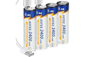 AXFEE Akumulatory litowe AA 1,5V o wysokiej pojemności 3400 mWh, akumulator AA z kablem do ładowania USB 2 w 1, szybkie ładowanie 1h, 1500 cykli, baterie AA litowo-jonowe, zestaw 4 sztuk z pudełkiem