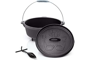 ‎BBQ NERD BBQ-Nerd© Dutch Oven "Starter" 5,5L mit Füßen | bereits eingebrannt - preseasoned | Gusseisen Feuertopf, Bräter mit Deckel inkl. Deckelheber | Feuerfester Grill & Camping Kochtopf, Grilltopf