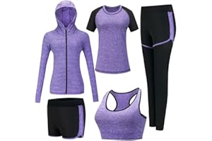 ZETIY Tute da Ginnastica Donna Set, 5 Pezzi Abbigliamento Sportivo Donna Tuta da Fitness Sportwear per Pilates Yoga Jogging Gym Workout Ginnastica