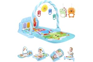 Huifoo Baby Spielbogen Spieldecke,pieldecke Spielmatte mit Klavier,Spielmatte mit Spielbogen abnehmbarem Babyspielzeug,Bauchzeit Activity Decke für Baby & Kleinkinder 0-24 Monate,Blau- Heißluftballons