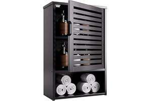 HITNET Bambusowa szafka na leki, szafka łazienkowa naścienna z pojedynczymi drzwiami i otwartą dolną półką, organizer do przechowywania nad toaletą, czarny