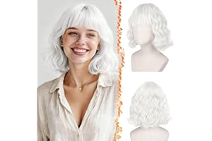 BARSDAR Perruque Blanc avec Franges, Courte Ondulée Perruque Bob pour Femmes Bouclée Bob Perruques avec Franges Synthétiques D'aspect Naturel Cheveux Perruques Wear Cosplay Utilisation