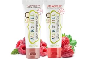 JACK N' JILL ................. SINCE 1949 Jack N' Jill Natural Certified Toothpaste - Baby & Toddler Toothpaste, Fluoride-Free, 40% Xylitol, Sugar-Free, Safe for 6 Months & Up, Makes Tooth Brushing Fun, Raspberry & Strawberry Flavours 2 x 50g