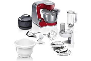 ‎BOSCH Bosch Küchenmaschine Serie 4, integrierte Waage, Edelstahl-Schüssel 3,9 L, Mixer 1,25 L, Kunststoff-Schüssel, spülmaschinenfest, 3x Rührelemente, Durchlaufschnitzler, 1000 W, Dunkelrot, MUM5X734