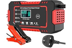 AIBEAU 12V/6Amp Car Battery Charger, Smart Fully Automatic Battery Charger with Temperature Compensation for Most Types of Lead Acid Batteries, Red, AC Connection Required