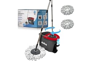 delka Spin Mop and Bucket Set – Easy Foot Pedal Water Removal, 360° Swivel Motion, Includes 2 Microfibre Mop Heads, All-Surface Cleaning, Splash Guard for Clean Mopping (Spin Mop Black and Red)