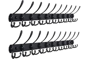 Dseap Wall Mounted Coat Rack - 10 Tri Hooks, Heavy Duty Stainless Steel Coat Hook for Coat Hat Towel Robes Mudroom Bathroom Entryway, Black, Pack of 2