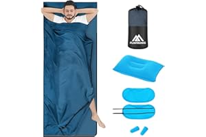 Flintronic Saco de Dormir, 220*90CM, Sábana de Viaje, Sábanas para Sacos de Dormir, con Bolsa de Almacenamiento*1, Máscara para Los Ojos*1, Tapón para Los Oídos*1, Almohada*1, para Montañismo Camping