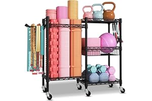 KATLKIU Rastrelliera per Manubri a 3 Livelli con Ruote Bloccabili e Ganci – Scaffale Palestra in Acciaio al Carbonio per Manubri, Tappetini Yoga e Bande di Resistenza, 91,5×30×82,5 cm, Portata 120 KG