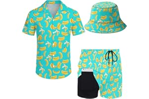 Wdpsuxin Mens 2 Piece Tracksuit Hawaiian Button Down Shirt and Compression Liner Shorts Sets with Bucket Hats