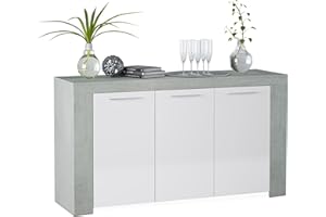 duehome | Aparador, Buffet Moderno, Armario Auxiliar Comedor, Modelo Dara, Color Blanco Artik y Gris Cemento, Medidas: 144 cm (Largo) x 42 cm (Fondo) x 80 cm (Alto)