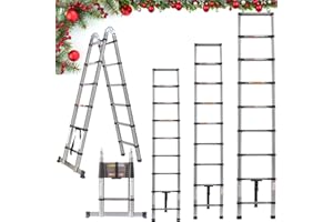 VICKYHOME 3.2M/10.5FT Telescoping Extendable Heavy Duty Stainless Steel Multi Purpose Loft Garden Roof Stair Ladder - Retractable with Safety Button, Adjustable Step, for Decorating, Painting