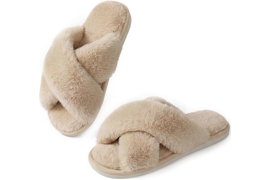 Ankis Women Slippers Fluffy Slippers Memory Foam, Cross Band Furry Open Toe Slippers Cozy Plush Home Shoes Indoor Outdoor Anti-Slide Slipper