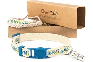 PETTSIE Collier pour Chat - Bracelet de sécurité et d'amitié - Tube d'identification Inclus - Durable - 100% Coton - Réglable Facilement (19-29 cm, Bleu)