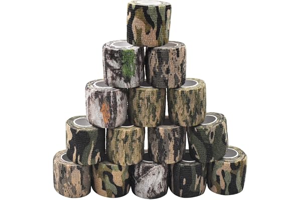 Yueser 15 delar Stealth kamouflage icke-vävt tyg kamouflage stretch bandage självhäftande kamouflagetejp för utomhus camping jakt cykelkamera (5,0 cm x 4,5 m)
