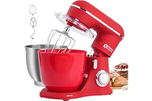Kitchen in the box Robot Pâtissier, 4.5L+5L 2Bols Robots de Cuisine, 10 Vitesses Batteur Electrique Cuisine, 1300W Pétrin Professionnel avec Fouet, Batteur, Crochet (Rouge)