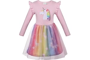 VASCHY Vestidos de Niña, Vestido Manga Larga Vestido Unicornio Princesa Mariposa Sirena Vestidos Ropa Tul Fiesta de Verano Vestido Festivo 2-10 años