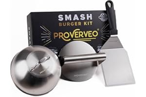 PROVERVEO Smash Burger Kit Professionale in Acciaio Inox + Ebook di Ricette | Pressa per Hamburger e Accessori Smasher Hamburger| Schiacciatore Professionale Antiaderente| Include Coperchio e spatola