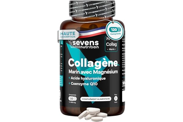 Collagène Marin Hydrolysé avec Magnésium Acide Hyaluronique Coenzyme Q10 – 120 Gélules – Peau Os Articulations – Vitamines A C D3 B12 Zinc – Haute Absorption – Sevens