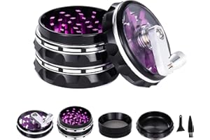 TIRIRS 6,3 cm, 4 Stück, Hand schütteln die transparente Oberseite Kräutermühle – Aluminium Gewürzmühle mit Pollenschaber und Reinigungsbürste, Klappgriff – Schwarz und Lila.