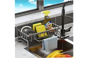 VILCEN Organizador Cocina, Organizador Fregadero Acero Inoxidable con Bandeja de Drenaje Autodrenante para Soporte de Esponja, Toallero, Soporte para Paños Cocina, Accesorios de Cocina (Gris)