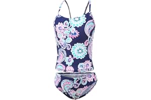 MOON TREE Girls Swimming Costume Two Piece Tankini Swimsuit Hawaiian Ruffle Swimwear
