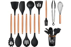CCHONG Silicone Kitchen Utensils Set with Holder 12 PCS Cooking Utensils Set with Wooden Handle Heat Resistant Kitchen Gadgets Utensil Set Kitchen Accessories (Black)