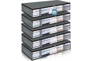 POWLYB 5 Pezzi 90L Contenitori Sottoletto, Contenitore Sottoletto Pieghevole per Vestiti Sotto Il Letto con Manico, Scatole Pieghevoli Portavestiti con Finestra Frontale Trasparente per Asciugamani