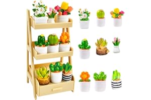 DIELOVEHUA 10 Piezas Miniaturas para Casa de Muñecas, Mini Maceta de Casa de Muñecas, con Estante Pequeño Amarillo, Plantas en Macetas de Casa de Muñecas, para Decoración de Jardín de Casa de Muñecas