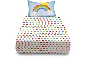 VELVETIO Premium Kids Fitted Sheet with Matching Pillowcase, Breathable Printed Polka Dotted Bedsheet Single, Boys & Girls Rainbow Bedding Bedset, Multi