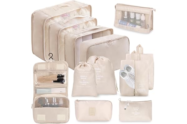 12-delad resväskearrangör, packkuber, resväskorganiseringsset, bagageorganisatör vattentät, packkuber, med packväskor, klädväskor, kosmetikväska, skoväska, arrangör resväska