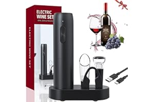 QSMYUYE Cavatappi Elettrico, Apribottiglie Elettrico Ricaricabile 6 in 1 Set Regalo con Base di Ricarica Rapida USB, Tagliapasta Stagnola, Versatore, Tappo in Silicone per Vuoto