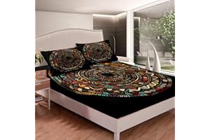 TBRAND Boho Geometric Circle Bed Sheet Set Ethnic African Pattern Bedding Set for Kids Teens Women Afro Decor Fitted Sheet Traditional Exotic Style Bed Cover 3Pcs Double Size