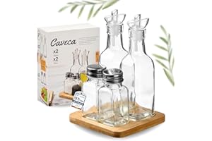 CAVECA Set Aceitera y Vinagrera Antigoteo de Cristal 180ml + Salero y Pimentero Fabricado en España + REGALO, Dispensador de Aceite y Vinagre de Mesa con Vertidor, Botellas de Vidrio Aceite de Oliva