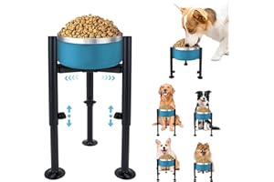 QUMENEY Podwyższony stojak dla psa - 4 regulowane wysokości, szerokość 15-25 cm - pojedyncze miski na karmę i wodę - karmnik dla zwierząt