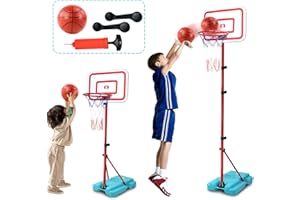 TONZE Panier de Basket Enfant Exterieur Interieur - (88cm/138cm/190cm) Ensemble de Basketball Portable et Réglable avec Filet et Ballon Jeux Exterieur Enfant