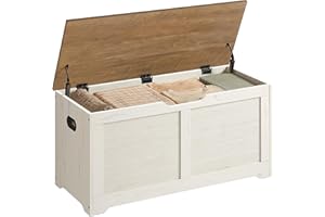 VASAGLE Ławka na buty, ławka ze schowkiem, komoda z 2 zawiasami bezpieczeństwa, szafka w stylu rustykalnym, 40 x 100 x 46 cm, korytarz, sypialnia, salon, biel vintage i miodowy brąz LSB061WJ01