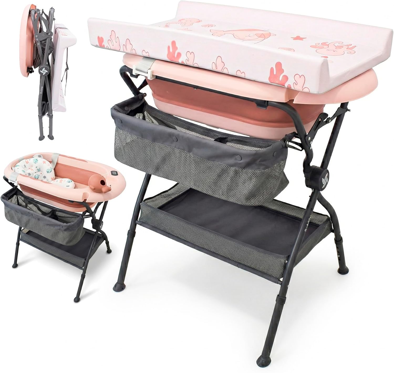 Twinly Bubbly – Bañera Cambiador Plegable para Bebé 2 en 1 – Altura Regulable Ergonómica, Bañera Extraíble para Playa y Viajes, Soporte Estable con Desagüe, Ideal para Baños Pequeños (Rosa)