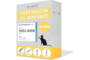 PiuPet® Filet de Protection Chat I 4x3m I Filet renforcé I avec Corde de Fixation I Protection Balcon Chat | Protection Chat Balcon | Grillage Fenetre Chat